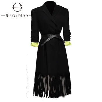 

SEQINYY High Quality Dress 2020 Spring Autumn New Fashion Design Women Long Sleeve Tassel Knee Black Slim Dress
