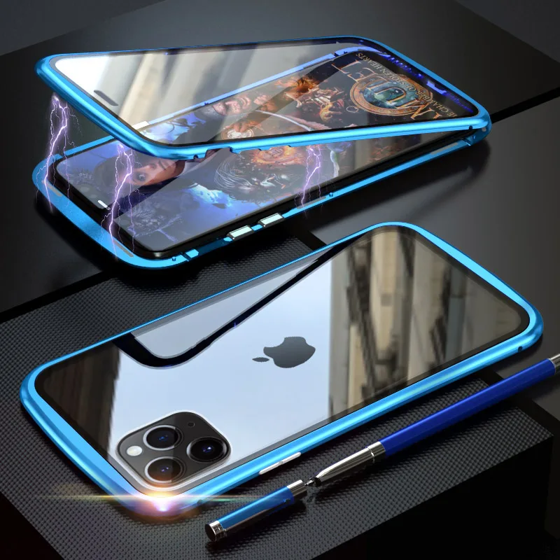 Магнитный чехол с металлической рамкой для iPhone 11 Pro Max, двойное закаленное стекло, ударопрочный чехол для iPhone 11 Pro X XR XS Max Coque