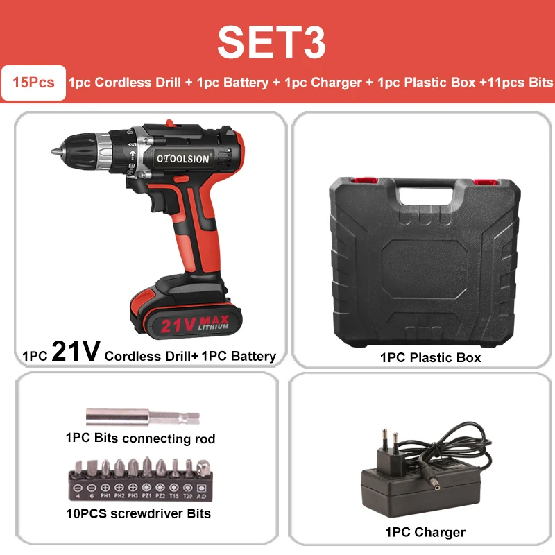 SET3 (1 pc battery) 25+ 1 Toque 21 в Беспроводная Дрель аккумуляторная отвертка электрические инструменты Электрическая аккумуляторная дрель ручная дрель батарея+ аксессуары для дрели - Цвет: SET3 (1 pc battery)