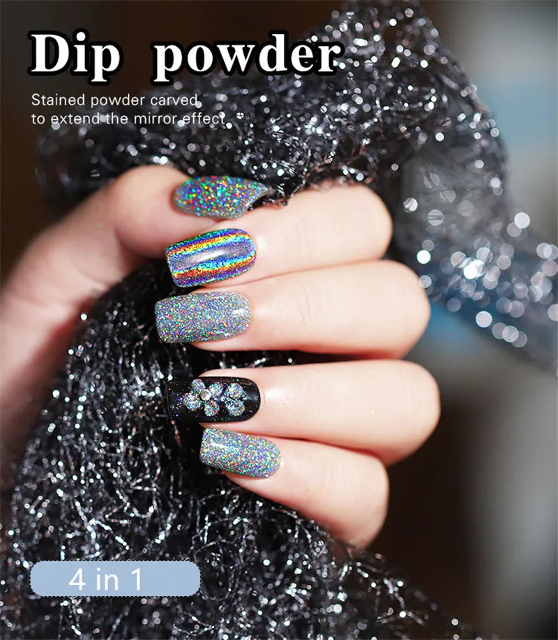 10ml 4 In 1 Acrylic Dipping Nail Powders Holographic Glitter French Nail Powder for Carving Tips Extensions Nail Art Decorations