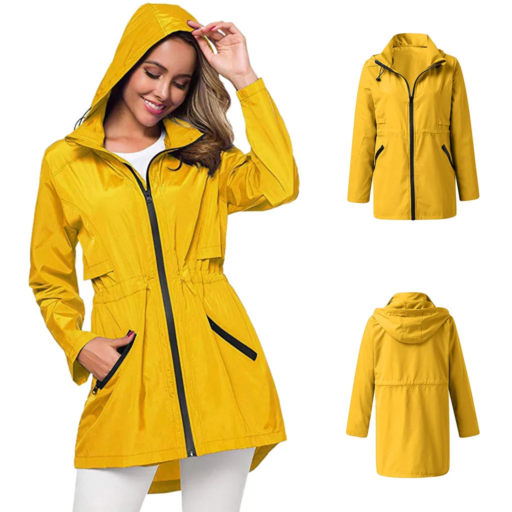 

Women Solid Yellow Slim Waist Rain Hooded Jacket Plus Size S-2XL Casual Waterproof Windproof Loose Coat Outdoor Ladies Jackets