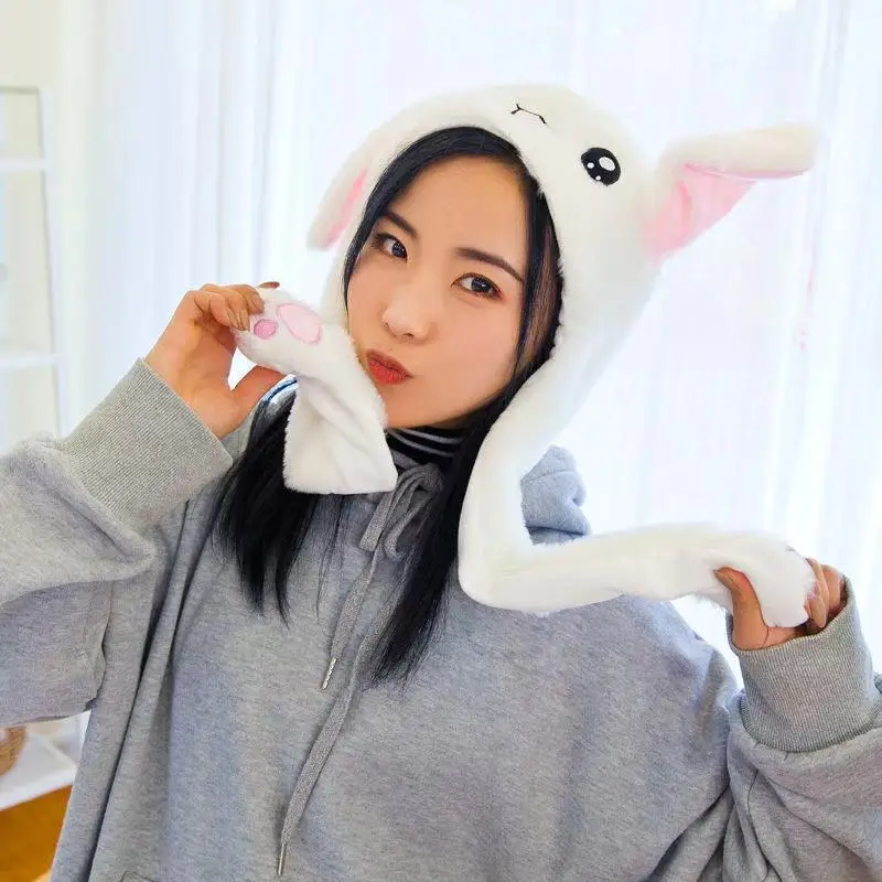 Bunny Moving Ears Hat Cute Ear Hat jumping up Funny Toy Cap Cartoon Rabbit Easter Plush Girls Kids Cosplay Party Cap Adult