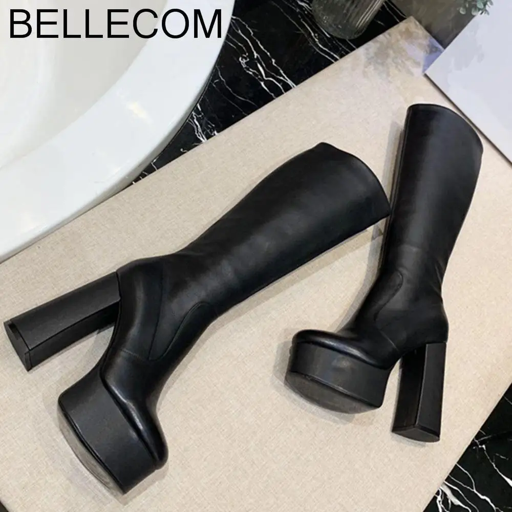 

BELLECOM and Winter New Women's women Boots Leather Coarse-heeled Waterproof Table Single-shoe High-heeled Boots botas mujer