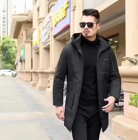 New Style down Jacket Men's Mid-length Thick Men'S Wear Men Hooded Middle-aged Business Casual White Duck down Dad Coat