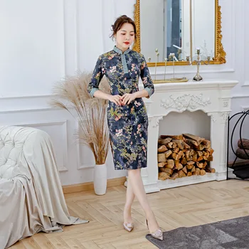 

Plus Size 4XL High Quality Elegant Suede Fabric Qipao Chinese National Women Daily Dress Printed Short Cheongsam