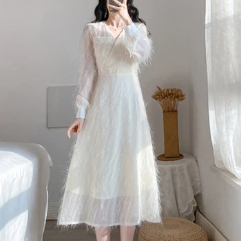 

YAMDI vintage dinner dresses for women 2020 spring autumn elegant luxury a-line tassel bohemian solid white dress midi vestidos