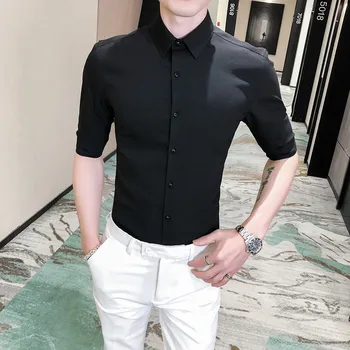 

2020 Summer Embroidery Shirt Men Simple Solid Half Sleeve Mens Dress Shirts Casual Slim Fit Night Club Prom Tuxedo High Quality