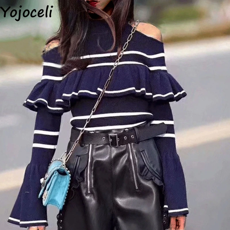 

Yojoceli Sexy striped off shoulder ruffle knitted sweater Autumn soft sweater pullover Winter casual knitting top jumper women
