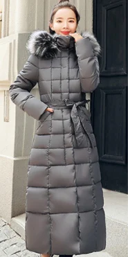 Женская длинная парка с капюшоном, утолщенный пуховик с карманом, макси, негабаритное зимнее пальто, верхняя одежда ouc580 - Цвет: Серый