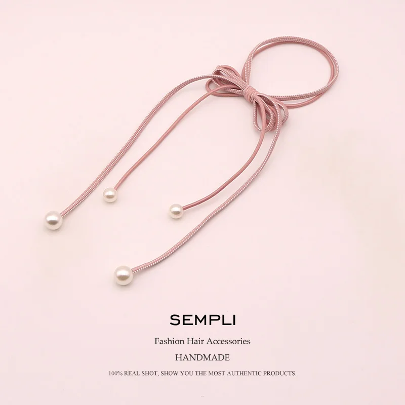 cheap Sempli 6 Colors Nylon Strong Elastic Hair Bands For Women #039;s Pearl Tassel Headwear Girls Kids Hair Accessories Satin Scrunchies
