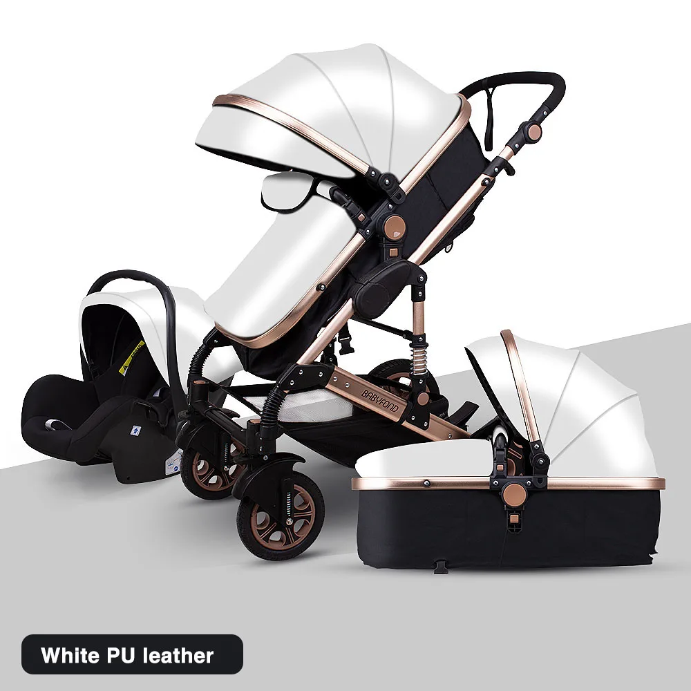 Babyfond 3 в 1 детская коляска PU водонепроницаемый материал многоцветный светильник Роскошная портативная детская коляска с корзиной и автокреслом - Цвет: white