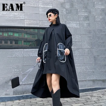 

[EAM] Women Blakc Pocket Split Back Long Big Size Dress New Stand Collar Long Sleeve Loose Fit Fashion Tide Spring Autumn 2020