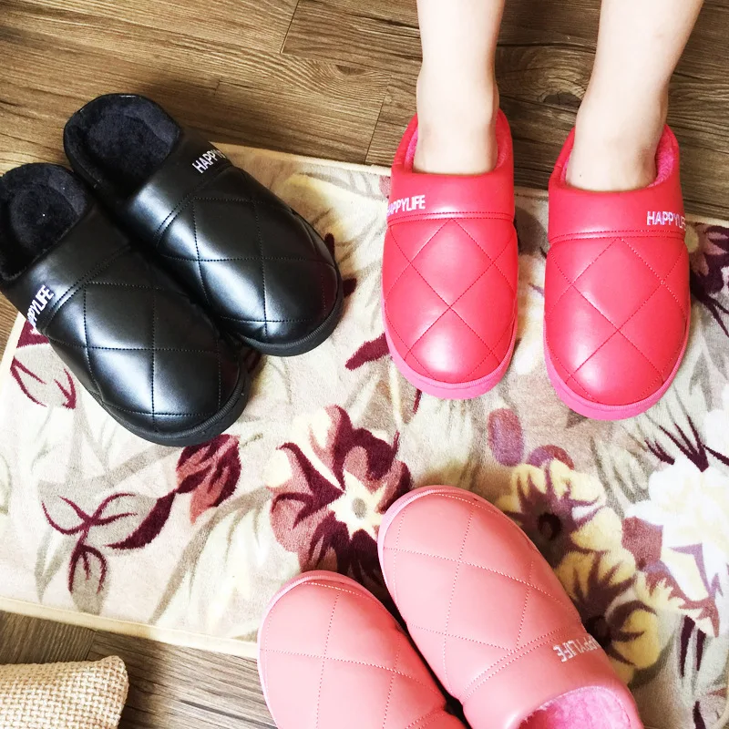 

Winter Household Indoor Cotton Slippers Women's Waterproof PU Leather Shoes Thick Bottomed Anti-slip Couples Slipper Men's Winte
