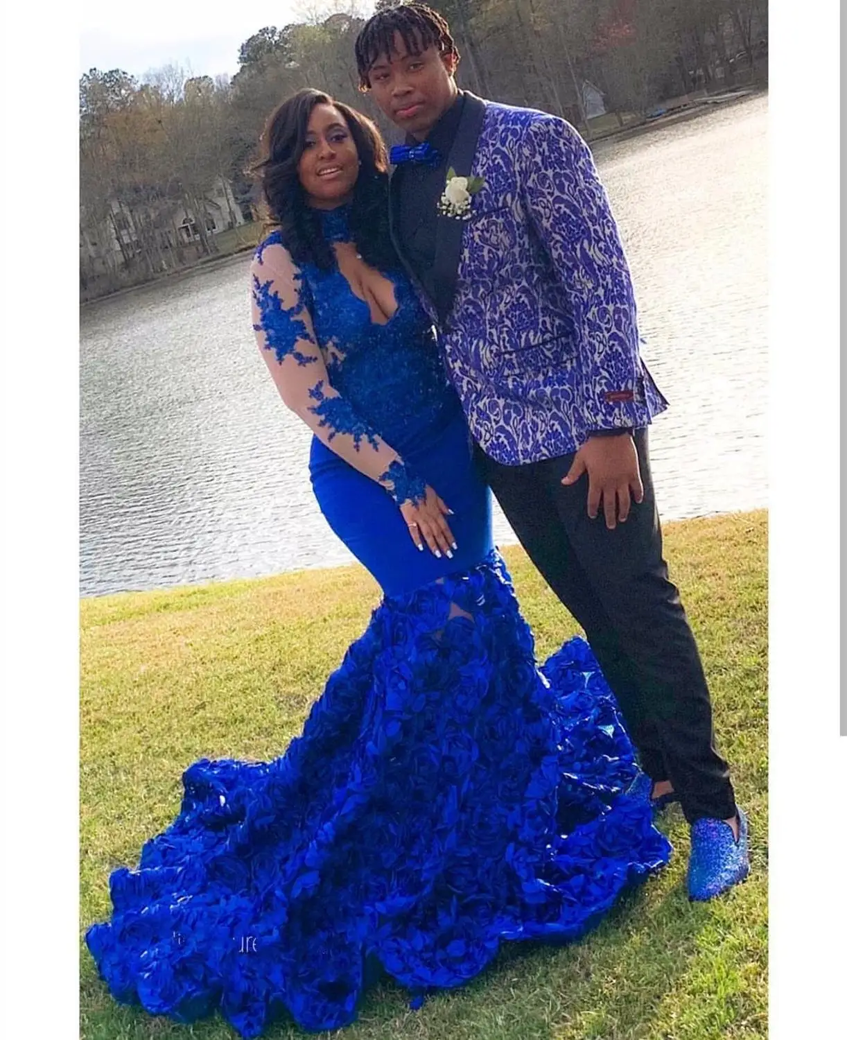 

2020 prom dress royal blue long sleeve rose flowers mermaid with train elegant vestido curto gaun pesta dewasa women party gown