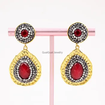 

GG Jewelry 24 K Yellow Gold Plated Teardrop Red Jade Crystal Pave CZ Stud Earrings