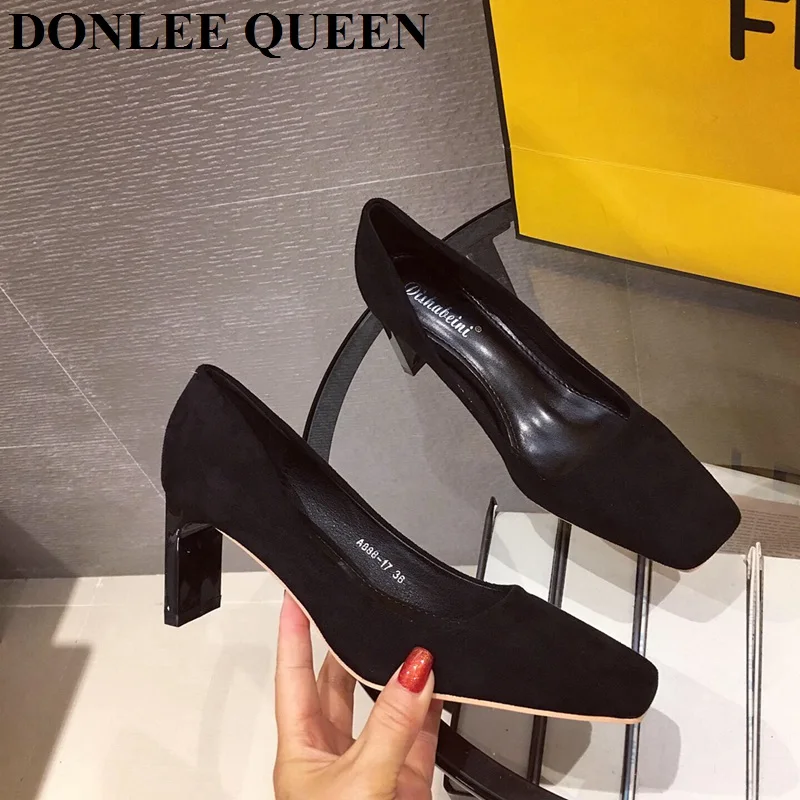 Square High Heels Shoes Woman 2020 Autumn Flock Faux Suede Square Toe Black Heels Women's Shoes Office Ladies Female Pumps Shoes