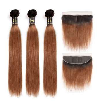 

Ombre 30 Brown CarameL 3 Bundles With 4x13 Lace Frontal Straight Bundles 8-26 Colored Brazilian Human Hair Non-Remy IJOY