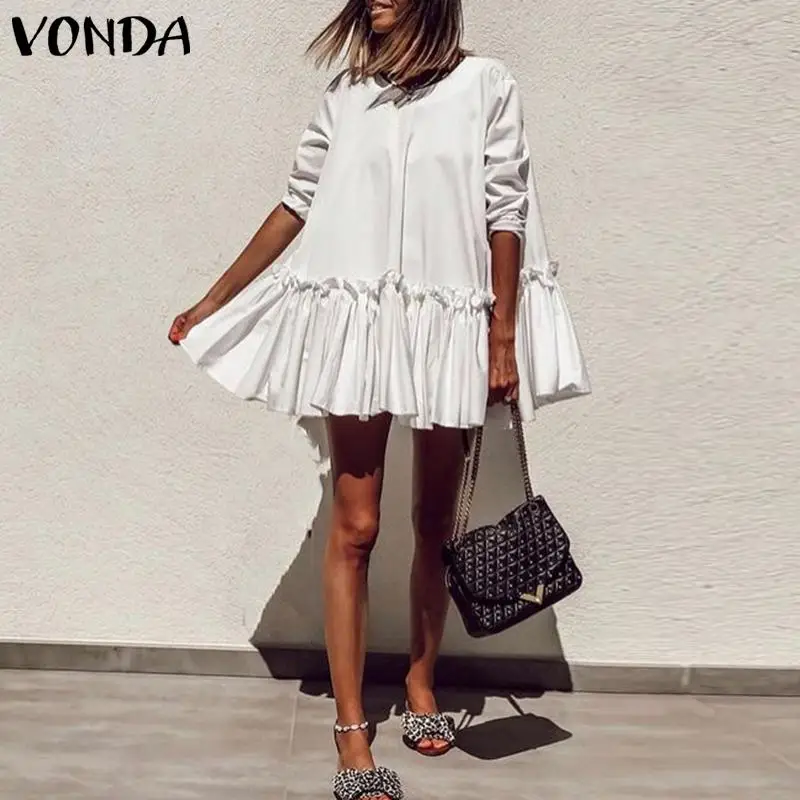 

Bohemian Mini Dress Vintage O neck Sundress VONDA Casual Patchwork Shirts Dress Women Solid Blouses Loose Vestidos Kaftan Robe