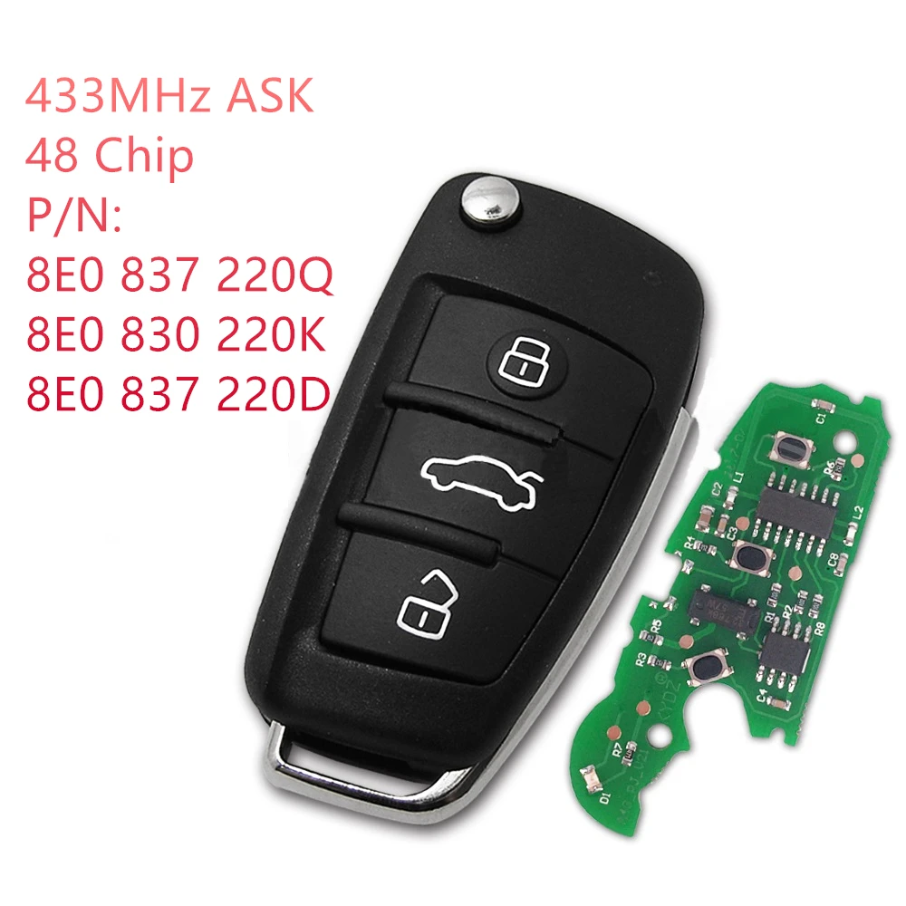 Дистанционный ключ RIOOAK с 3 кнопками 433 МГц брелок для AUDI A2 A4 S4 RS4 Cabrio Quattro Avant 2005 2006 2007