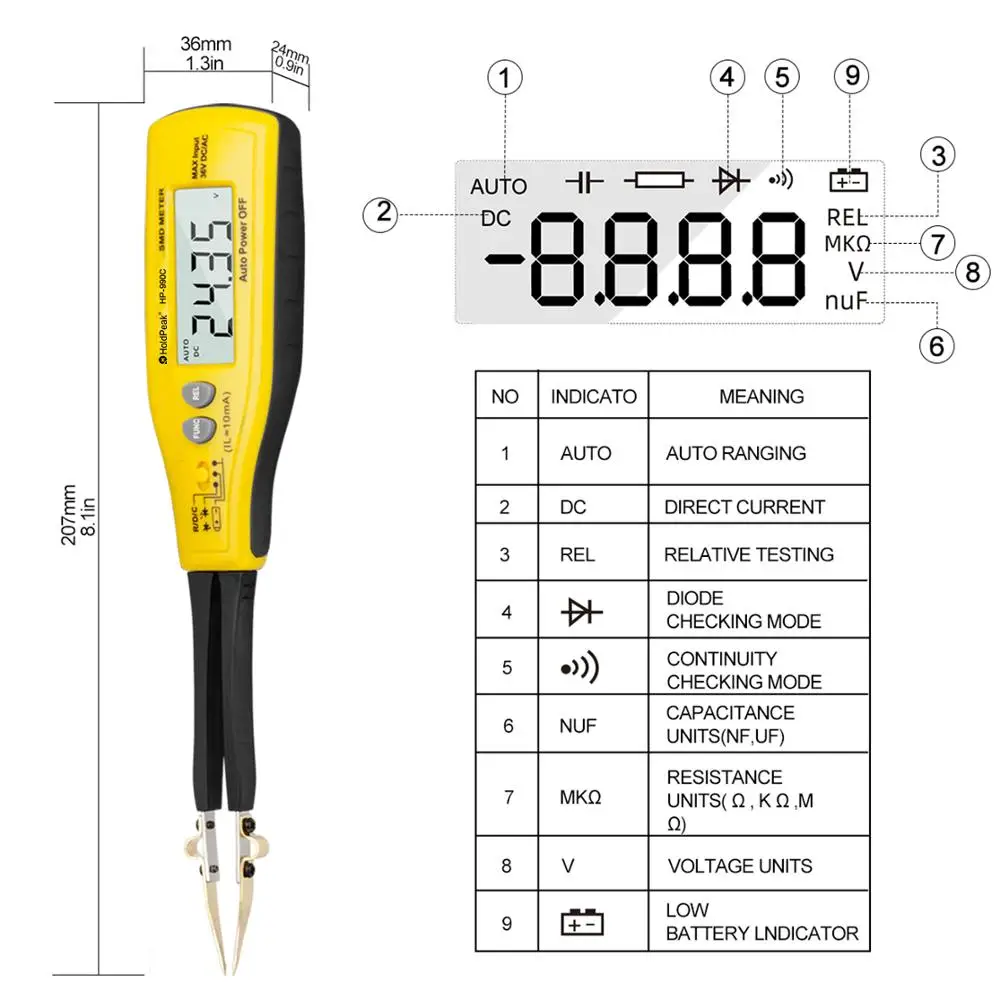 HoldPeak-SMD Multimeter HP-990C Auto Range Resistance Capacitance Diode LED Zener DCV Continuity Battery Tester Meter