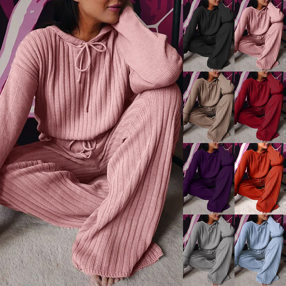 Women Solid Knitted Tracksuit Two-piece Set Hooded Sweater Long Wide Leg Trousers Ladies Fashion Suits Streetwear | Спорт и