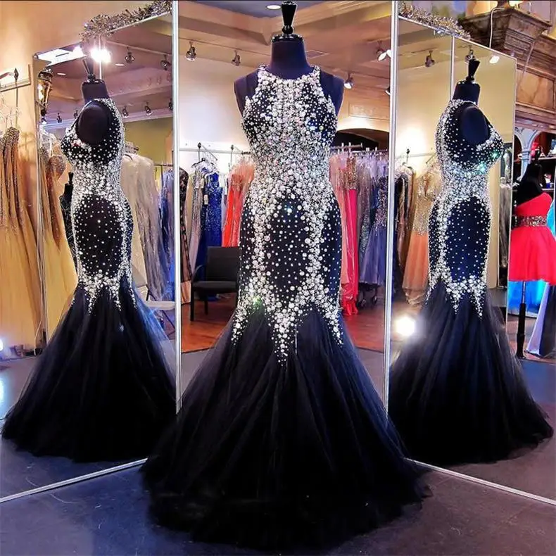 

Top Quality Luxury Crystal Sparkly Prom Dresses Mermaid Black Shiny Prom Gowns Customize Rhinestone Beading Long Evening Dress