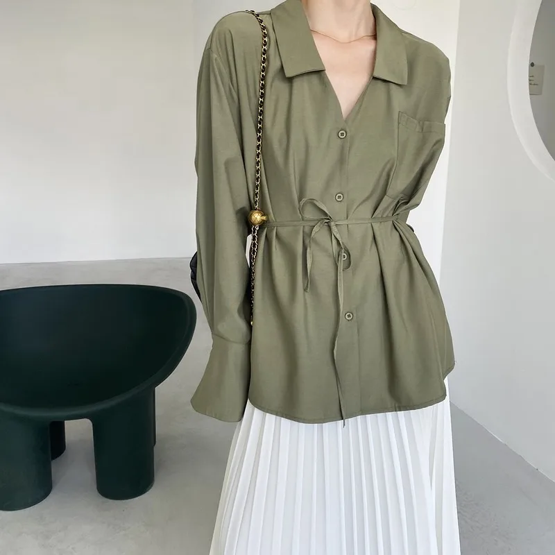 

2020 Autumn New Lace-up Shirt Women's Long-Sleeved Korean-Style Waist-Tight Design Sense Niche Shirt Womens Tops and Blouses