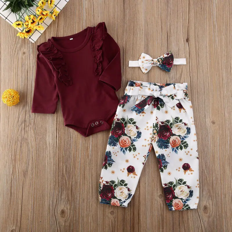 

pudcoco Sweet Toddler Baby Girl Long Sleeve Ruffles Jumpsuit Tops + Floral Printed Pants Autumn Winter Clothes Set 0-18M