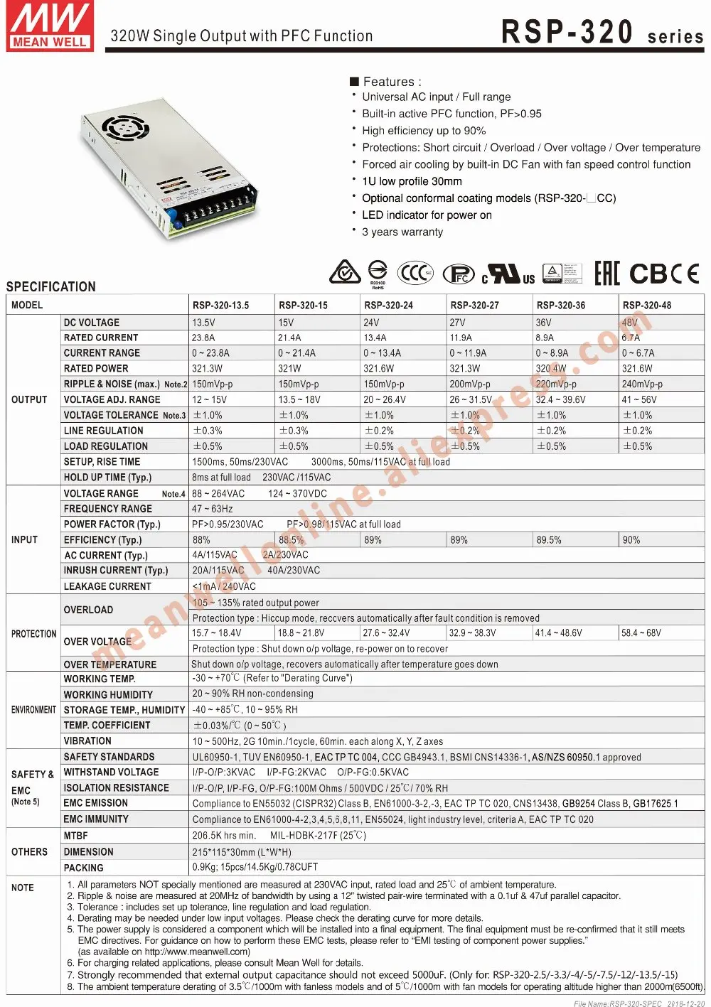 Mean Well RSP-320-48 meanwell 48VDC/6.7A/321W одиночный выход с функцией PFC источник питания Интернет-магазин