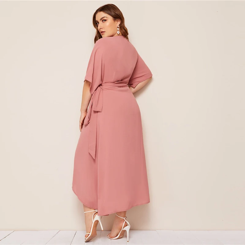 SHEIN плюс розовый размер, однотонное платье макси с запахом и поясом, женское осеннее платье-кимоно с рукавом А-силуэта, элегантные платья с высокой талией