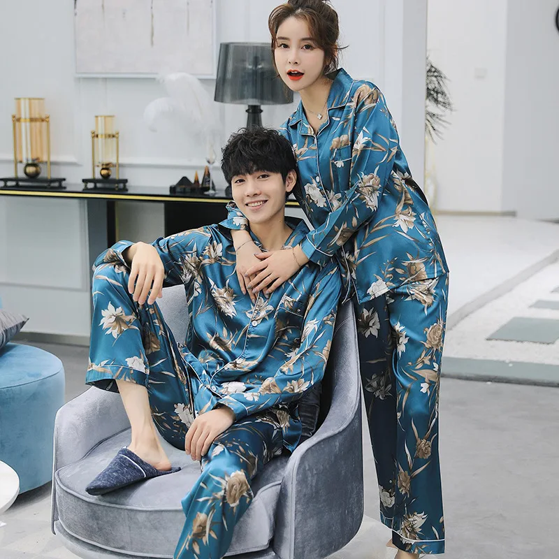 

South Korea Retro White Rose Model Silk Set New Style Couples Pajamas Autumn Long Sleeve Trousers Sweet Home Wear