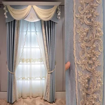 

Pearl Embroidered Gold Thread White Tulle Curtains for Living Room Princess Bedroom Lace Romantic Window Screening Items Drapes
