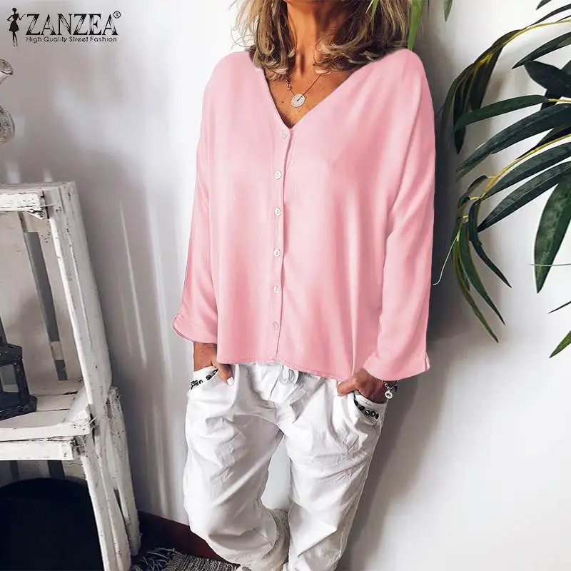 

2019 ZANZEA Autumn Long Sleeve Blouse Women Casual Solid Loose Tunic Tops Elegant V Neck Work Office Shirt Famele Blusas Chemise