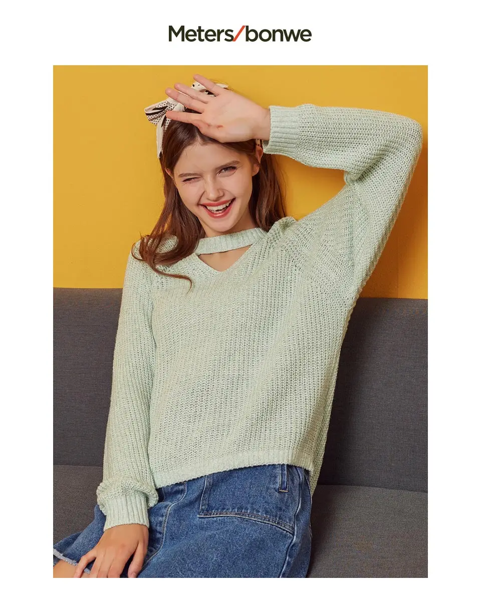 Metersbonwe, вязаный свитер, женские пуловеры с v-образным вырезом, Осень-зима, женский разноцветный свитер в Корейском стиле, свободный крой