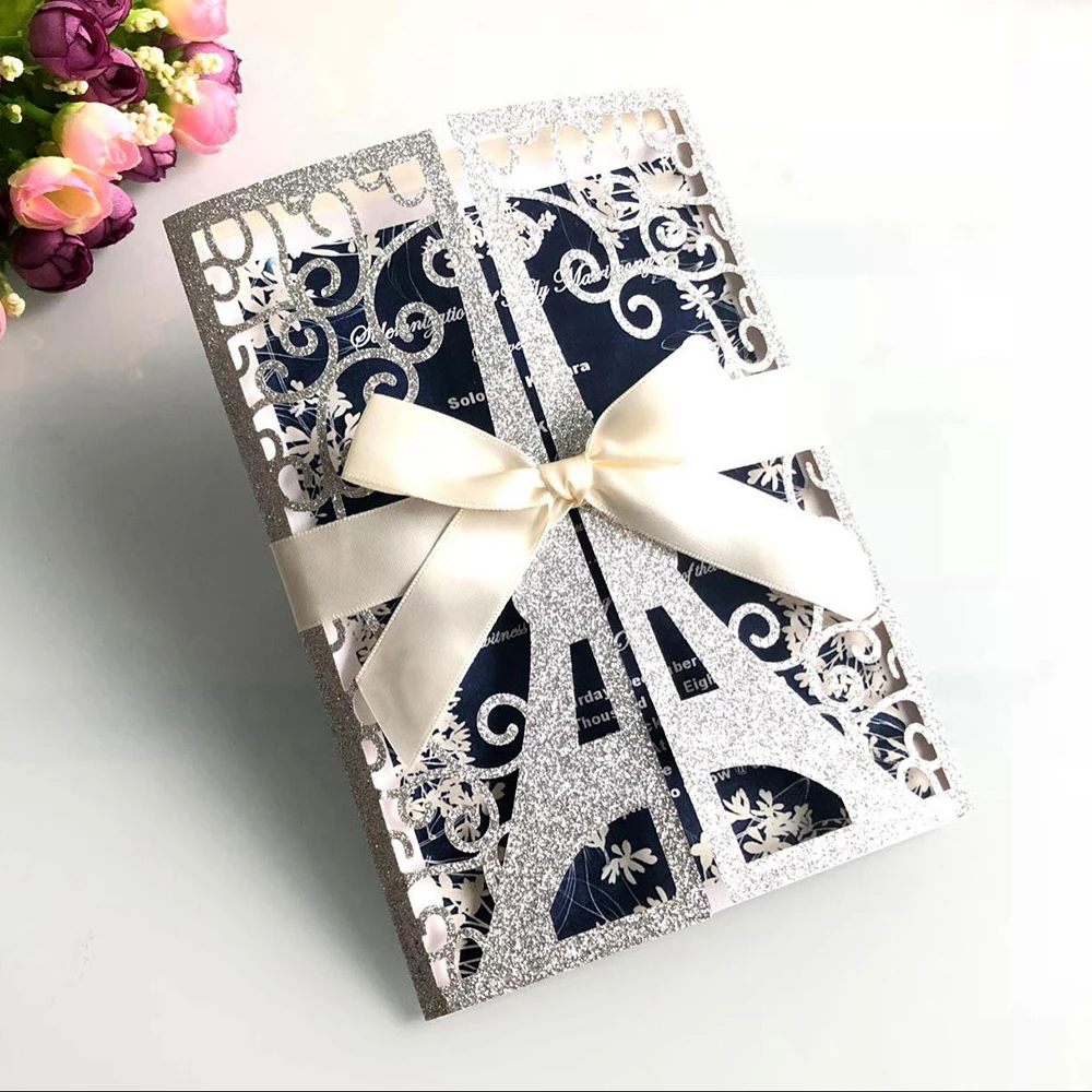  10pcs/set Glitter Embossing Invitation Cards 15*15CM For Wedding Business Party Paris Tower Greetin - 4000302444830