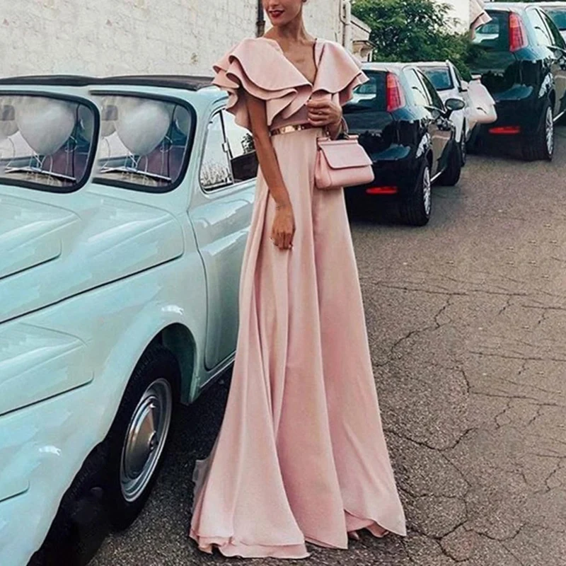 

Women Dress Elegant Ruffled Ladies Party Long Sexy Evening Maxi Short Sleeve Formal Wedding Swing Sundress