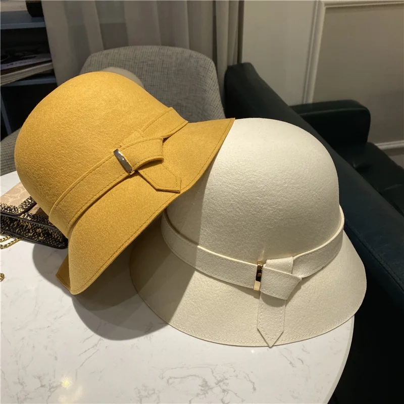 

202009-shi ins chic sell hot japan winter wool felt ribbon grace bowknot leisure lady bucket cap women fishermen hat