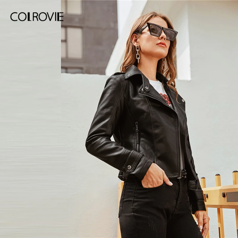 Черная байкерская куртка COLROVIE из искусственной кожи на молнии, Женская мода, осенняя уличная одежда, куртки, одноцветные повседневные пальто и верхняя одежда