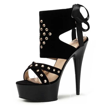 

Super high heel rivet European and American suede women's shoes summer new buckle waterproof table large size women's shoes