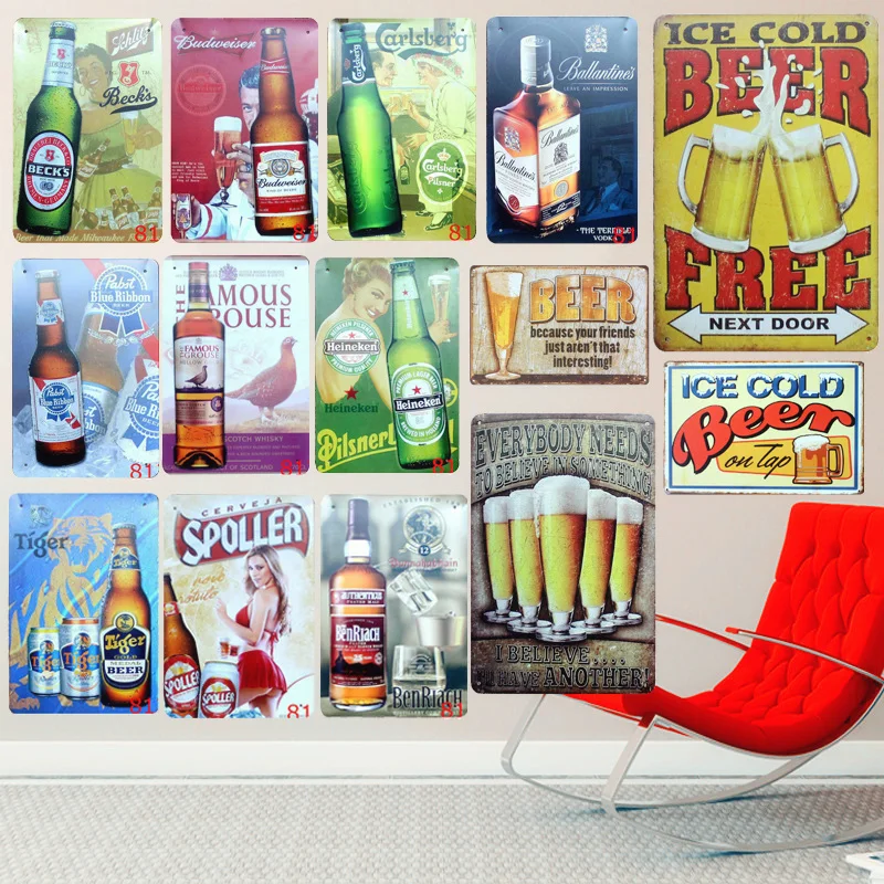 

Free ICE Cold BEER Vintage Metal Tin Signs Home Bar PUB Decor Club Decorative Plates Famous Beer Iron Painting Wall Sticker