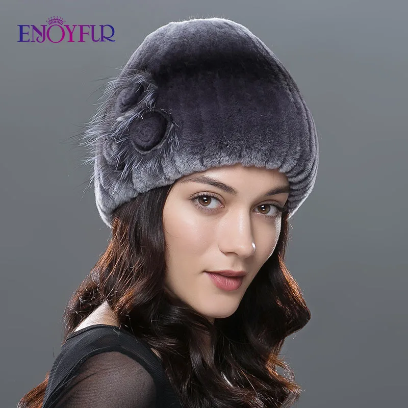 1826.89руб. 40% СКИДКА|Женская вязаная шапка ENJOYFUR, шапка из натурального меха кролика и чернобурки с цветами на зиму-in Женские Skullies и шапочки from Аксессуары для одежды on AliExpress - 11.11_Double 11_Singles' Day
