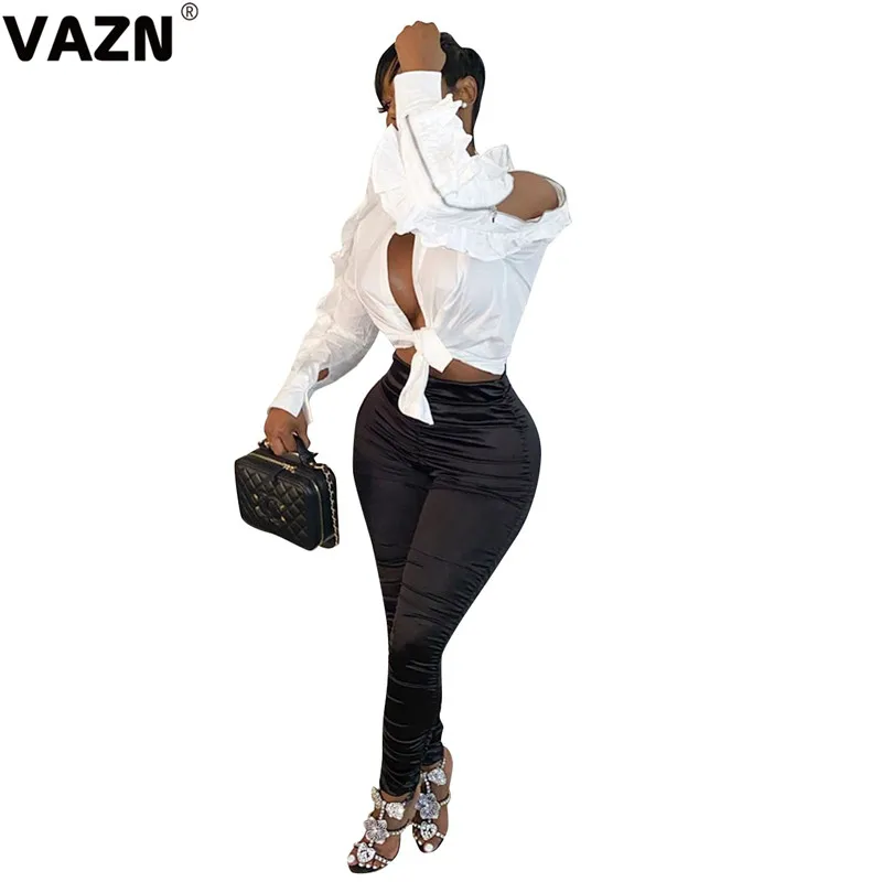 VAZN Yurn-Down с пуговицами на шее, новинка, Весенняя женская мода, сексуальная Женская Весенняя рубашка, однотонная, с пышными рукавами, Офисная Женская одежда, футболка