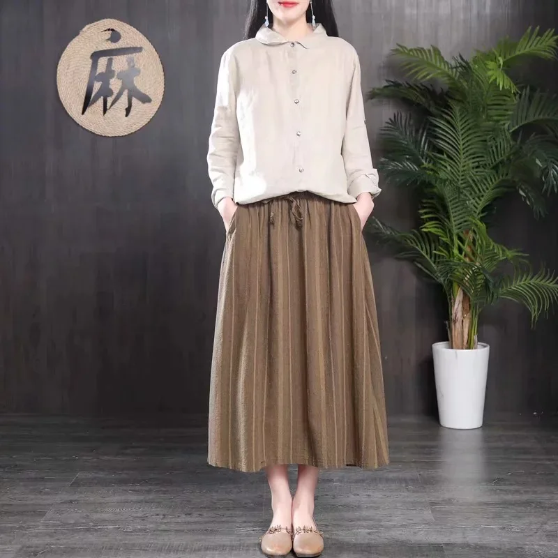 

Japanese-style Hipster College Style Versatile Retro Casual Cotton Linen Stripes Lace-up Waist Hugging Half-length Short Skirt