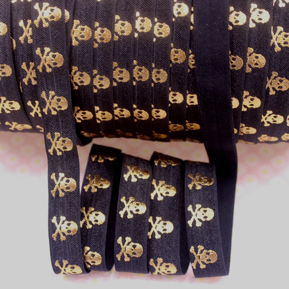 

New 15mm Gold Foil Skull Printed 030 Black FOE Fold Over Elastic Ribbon For Halloween 50Yards