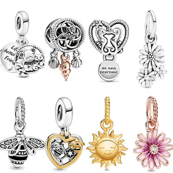 

2020 Spring New 925 Sterling Silver Beads Pink Daisy Flower Rabbit Charms fit Original Bracelets Women DIY Jewelry