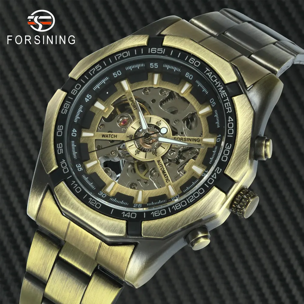 

FORSINING Vintage Punk Automatic Watch Men Skeleton Mechanical Watches Brand Luxury Winner Dress Wristwatch Copper Steel Strap