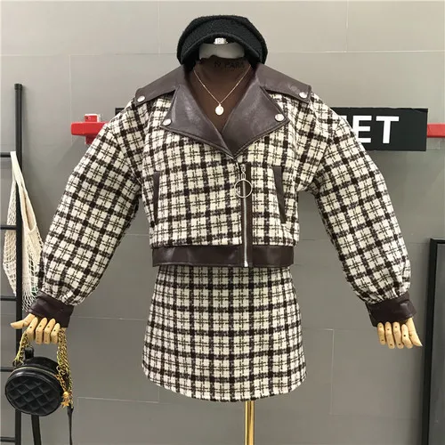 Dark Brown Осень и зима новая Корейская женская Кожаная Вышивка твидовое клетчатое короткое пальто+ юбка с высокой талией юбка из двух частей наборы - Цвет: Dark Brown