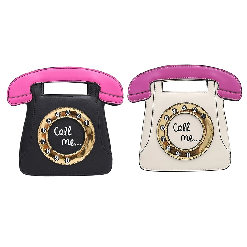

ABZC-2Pcs Telephone Shaped Women Retro Cross Body Bag PU Leather Clutch Purse Chain Bag(White+Pink&Black+Pink)