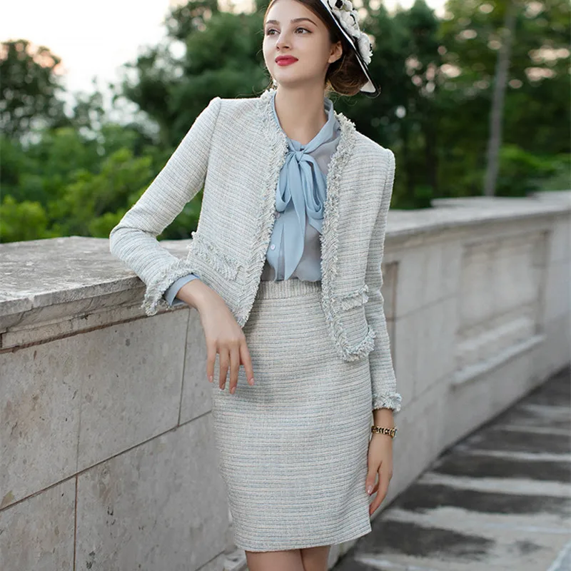 

Luxury French Style Fashion Skirt Suits Tweed Wool Blazer Jacket Top Mini Skirt Two Piece Sets Women Office Ladies Formal Work