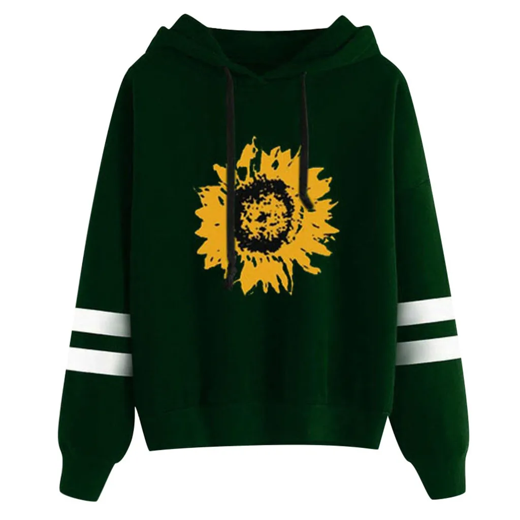 2020 Automne sweat à capuche pour femme décontracté manches longues tournesol impression pull hauts capuche|Толстовки и